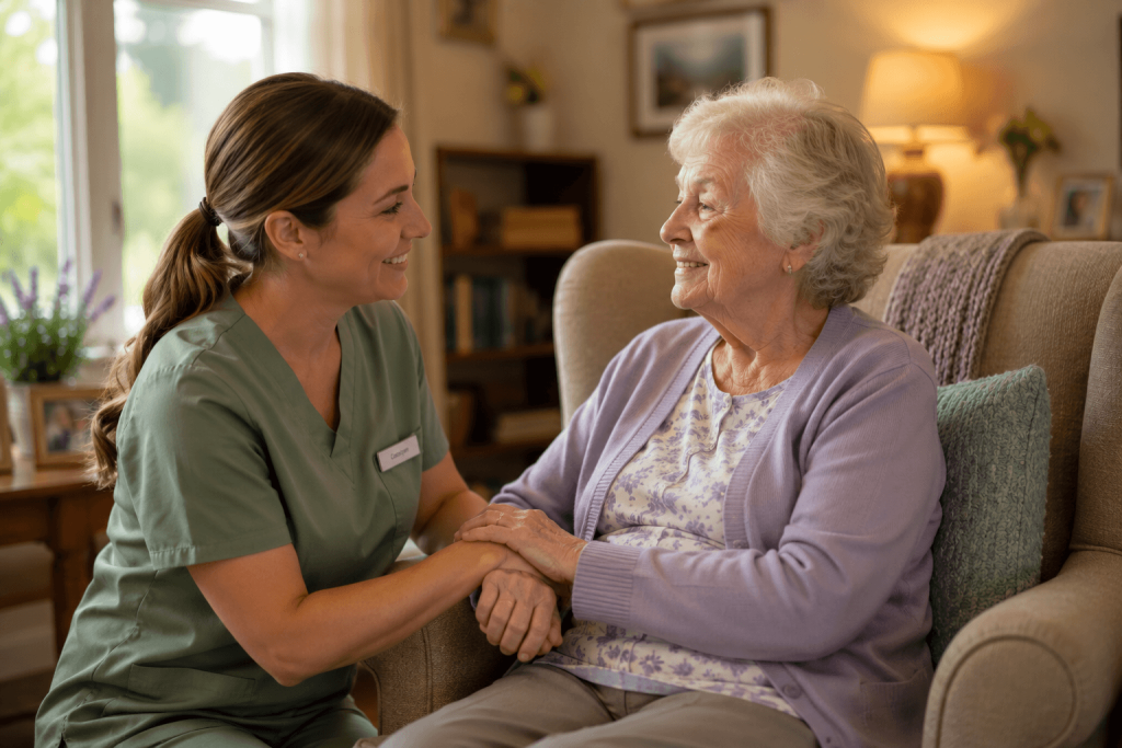 Senior woman with silver hair smiling in a sunlit memory care community lounge in Gilbert, AZ