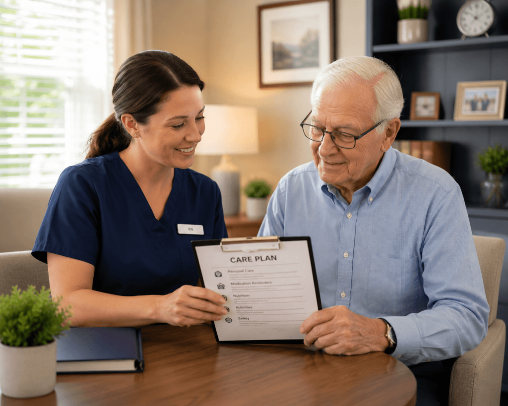 Caregiver holding the hand of a senior man during a quiet moment in a dementia care community in Gilbert, AZ
