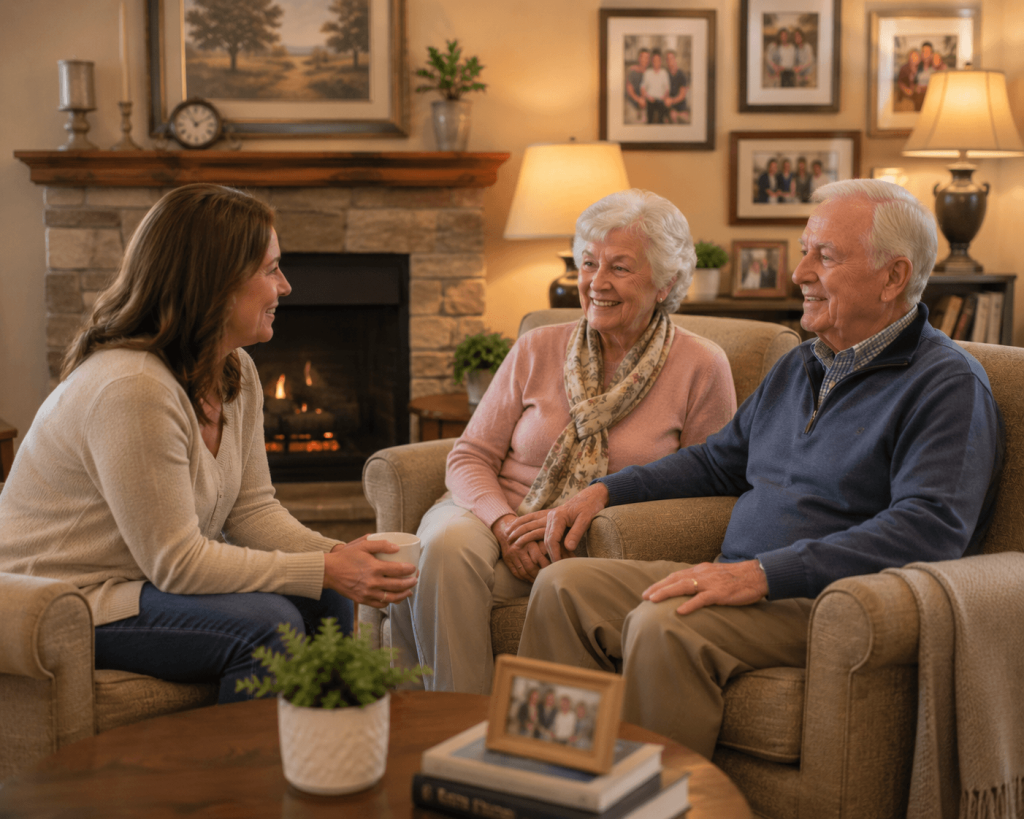 Adult daughter visiting her elderly father in a dementia care community in Gilbert, AZ