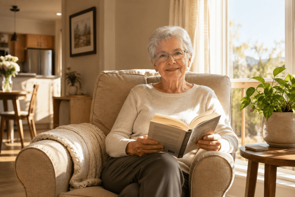 Senior resident relaxing in a clean apartment at Eternal Spring in Gilbert, AZ
