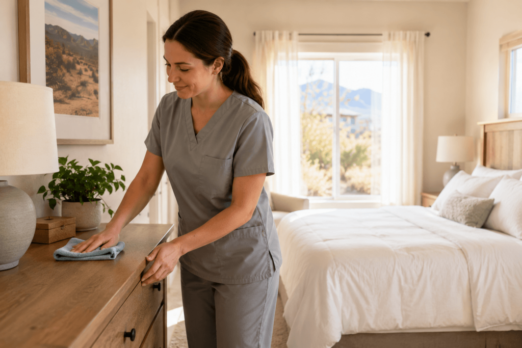 Housekeeper dusting and cleaning surfaces in a senior living apartment