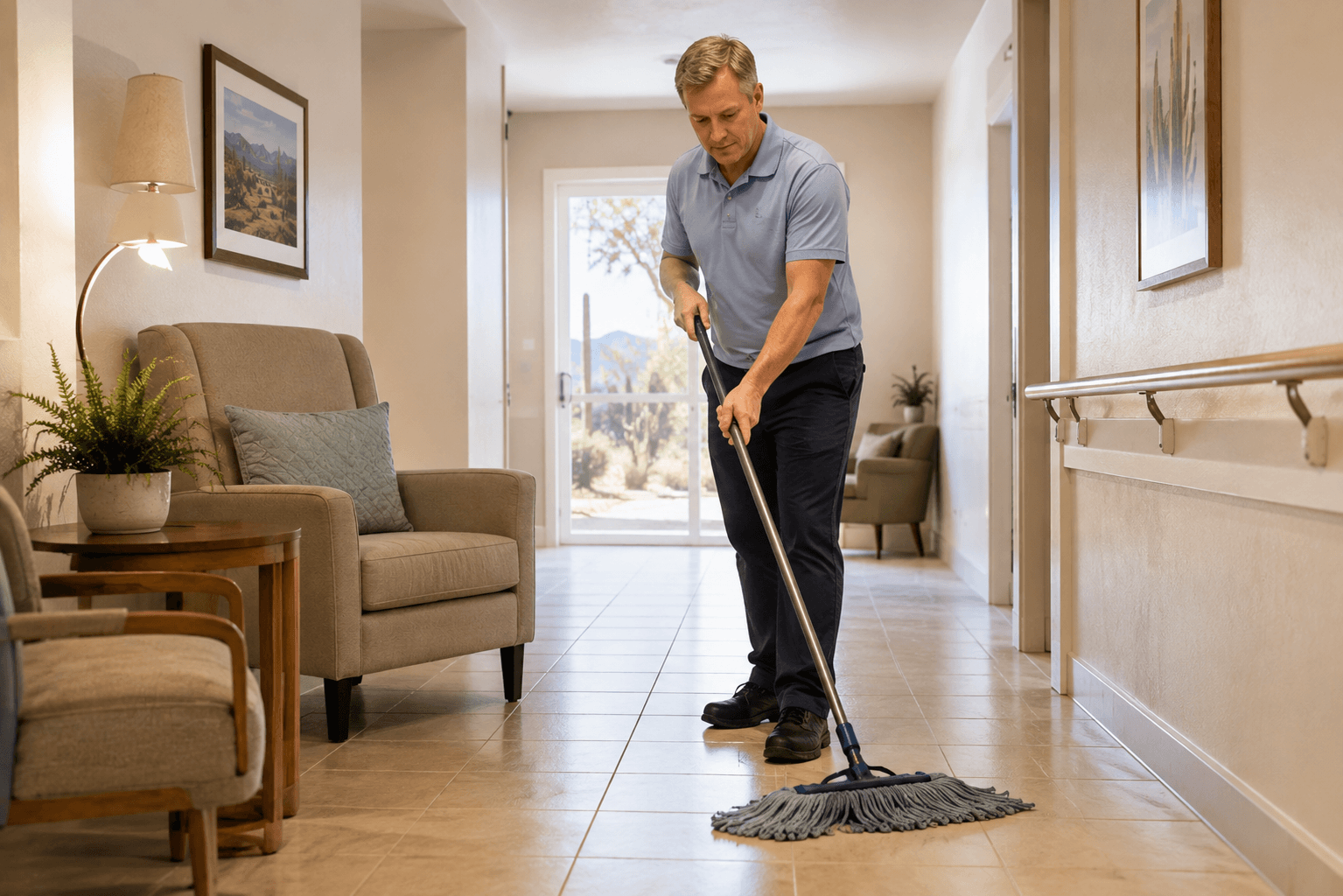 Clean and clutter-free senior apartment floor being mopped for safety