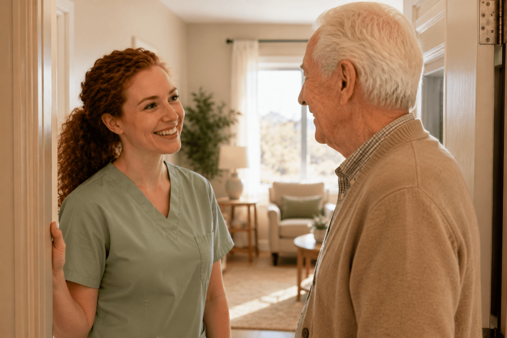 Friendly housekeeping team member speaking with a senior resident