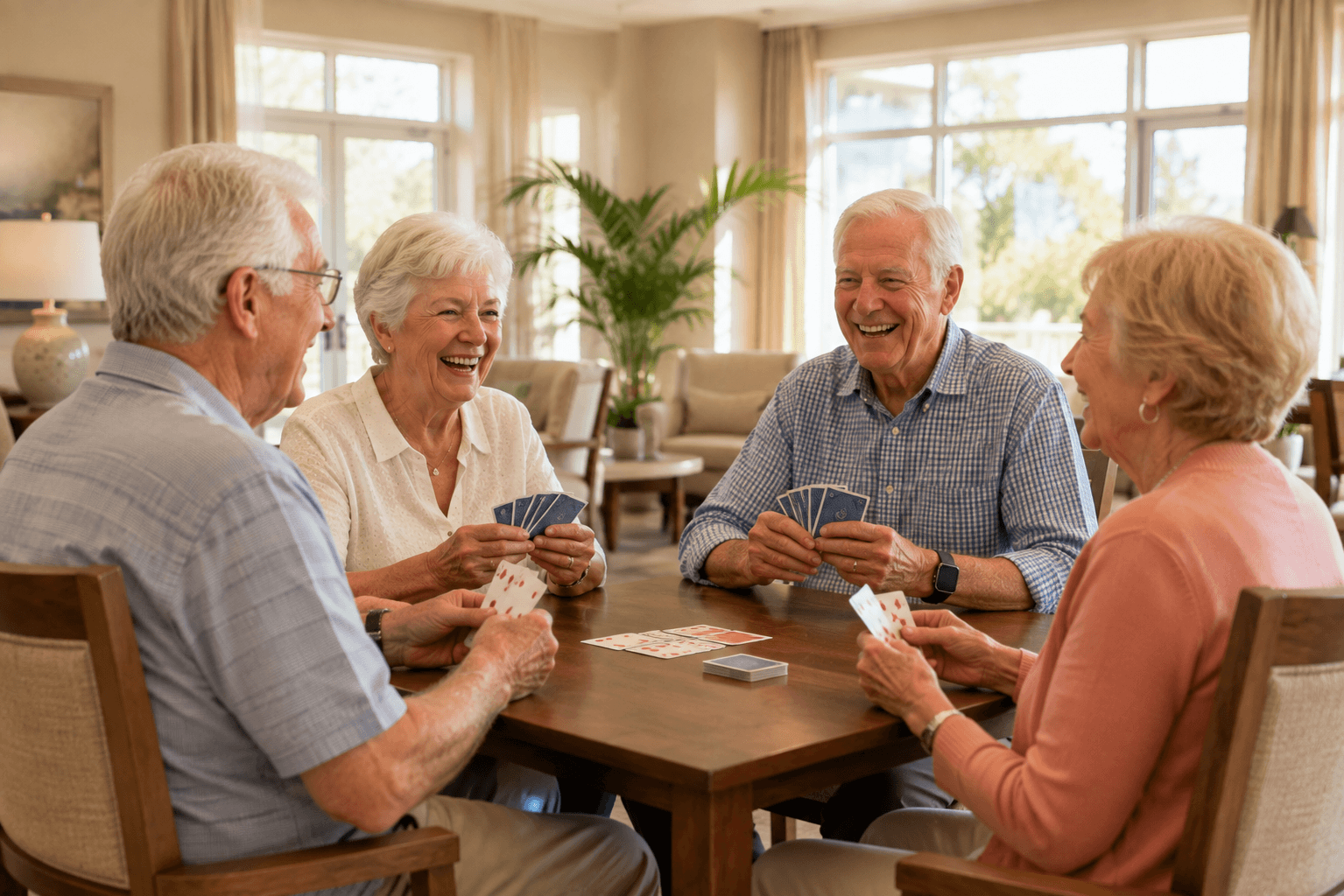 Seniors enjoying activities in a well-kept common area at Eternal Spring