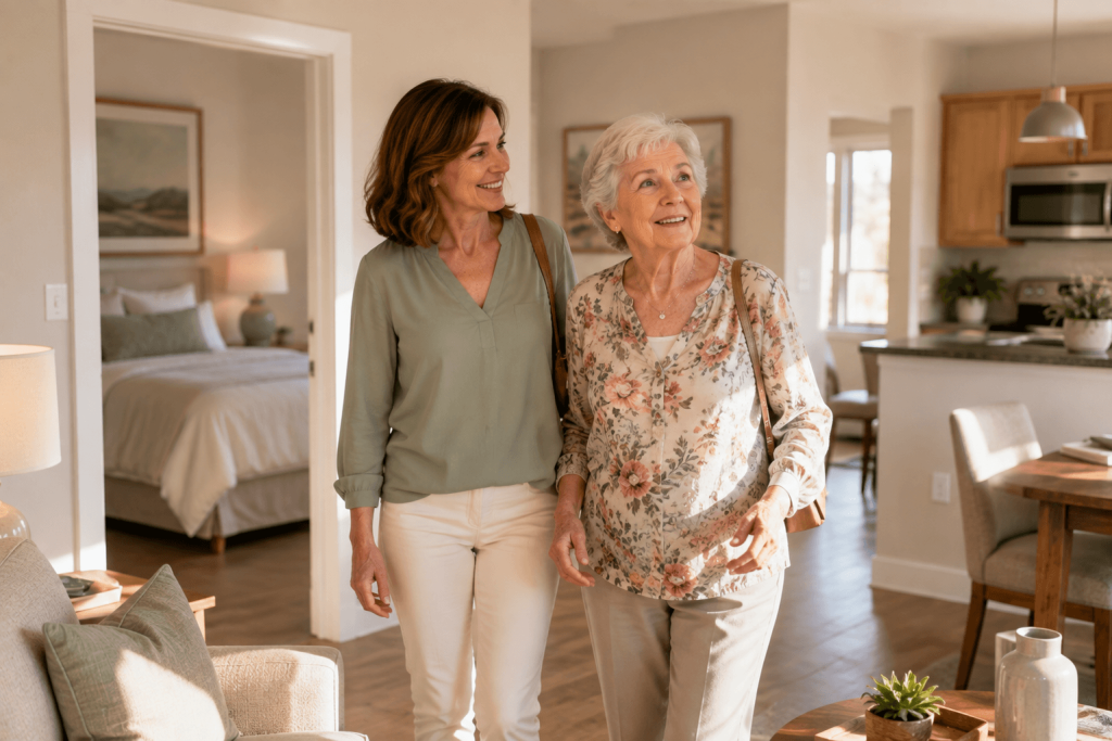 Family touring a tidy senior living apartment at Eternal Spring in Gilbert, AZ